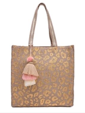 America & Beyond $109 Jute Leopard Print Tote Bag with Tassel Shoulder Bag